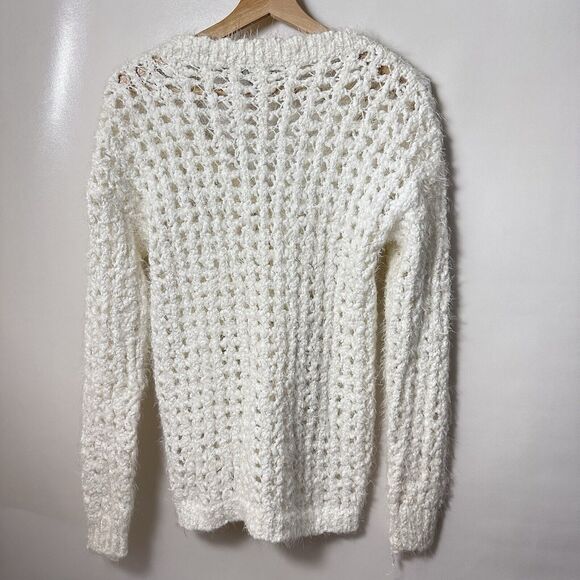 Pol Cardigan Eyelash Ivory Distressed Fuzzy Knit Open Knit Medium - Picture 2 of 8